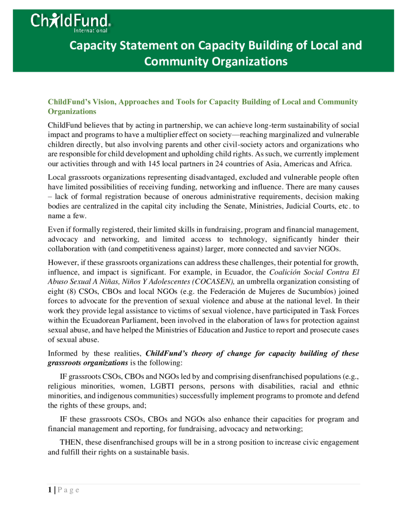 ChildFund’s Vision, Approaches and Tools for Capacity Building of Local and Community Organizations