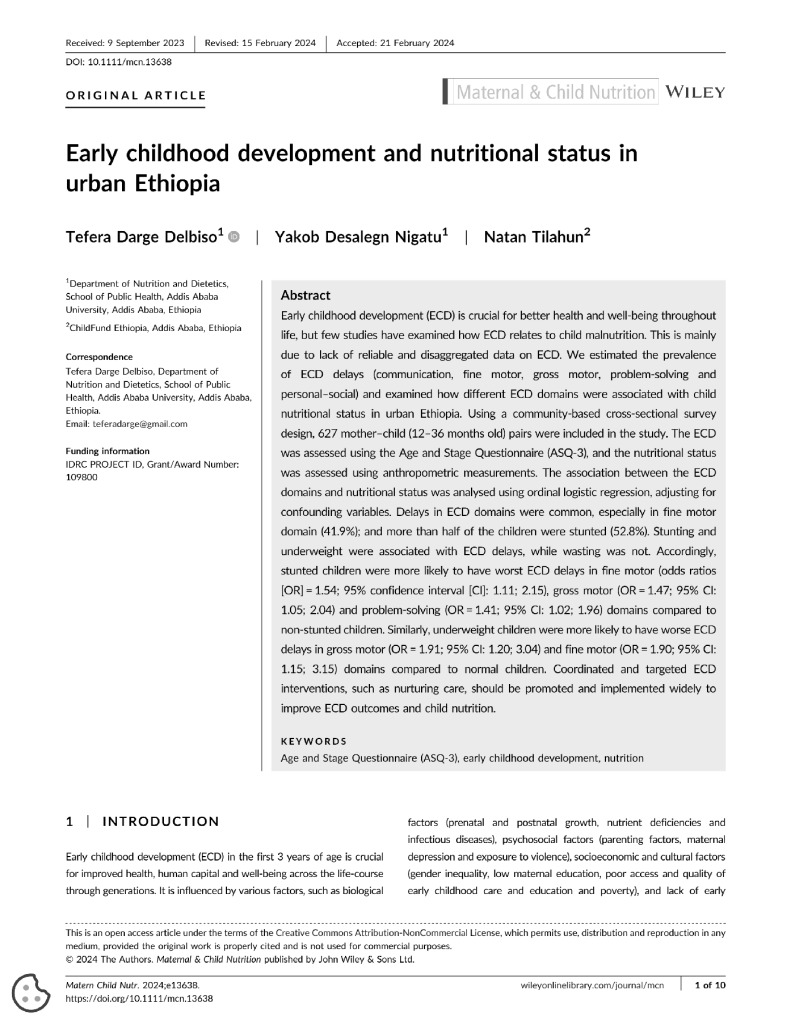 Early childhood development and nutritional status in urban Ethiopia